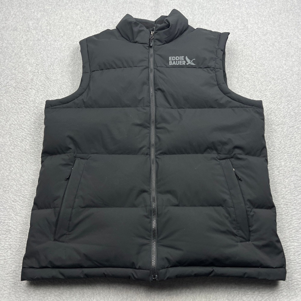 Eddie Bauer Down 550 Vest Mens Large Black Puffer Goose Fill Mock Quilted Zip Up